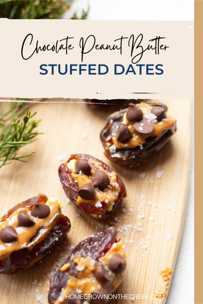 chocolate peanut butter stuffed dates with text overlay