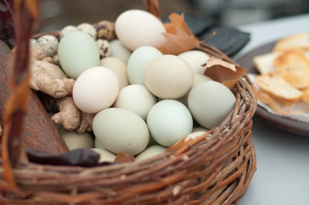 Colorful eggs in a wicker basket